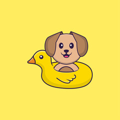 Cute dog With Duck buoy. Animal cartoon concept isolated. Can used for t-shirt, greeting card, invitation card or mascot. Flat Cartoon Style