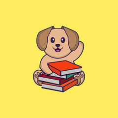 Cute dog reading a book. Animal cartoon concept isolated. Can used for t-shirt, greeting card, invitation card or mascot. flat cartoon style