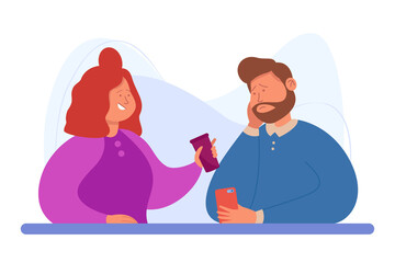 Woman talking to aloof partner looking at phone. Cartoon people sitting at table, distant man with smartphone ignoring lover flat vector illustration. Relationship, family, indifference concept