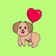 Cute dog flying with love shaped balloons. Animal cartoon concept isolated. Can used for t-shirt, greeting card, invitation card or mascot. Flat Cartoon Style