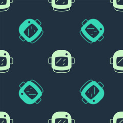Green and beige Astronaut helmet icon isolated seamless pattern on blue background. Vector