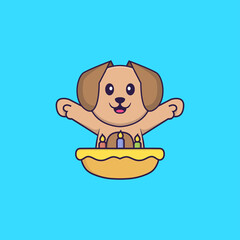 Cute dog with birthday cake. Animal cartoon concept isolated. Can used for t-shirt, greeting card, invitation card or mascot. Flat Cartoon Style