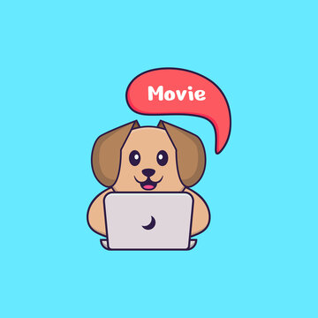 Cute dog is watching a movie. Animal cartoon concept isolated. Can used for t-shirt, greeting card, invitation card or mascot. Flat Cartoon Style