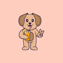 Cute dog holding orange juice in glass. Animal cartoon concept isolated. Can used for t-shirt, greeting card, invitation card or mascot. Flat Cartoon Style