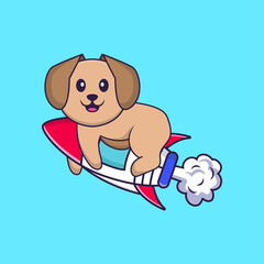 Cute dog flying on rocket. Animal cartoon concept isolated. Can used for t-shirt, greeting card, invitation card or mascot. Flat Cartoon Style
