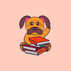 Cute dog reading a book. Animal cartoon concept isolated. Can used for t-shirt, greeting card, invitation card or mascot. flat cartoon style