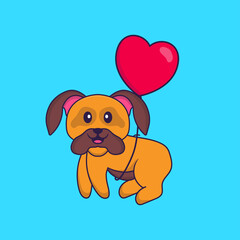 Cute dog flying with love shaped balloons. Animal cartoon concept isolated. Can used for t-shirt, greeting card, invitation card or mascot. Flat Cartoon Style