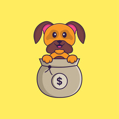 Cute dog playing in money bag. Animal cartoon concept isolated. Can used for t-shirt, greeting card, invitation card or mascot. Flat Cartoon Style