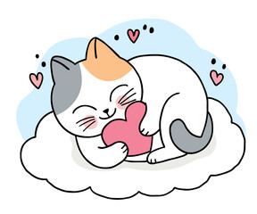 Cartoon cute cat and big heart on the cloud vector.