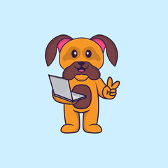 Cute dog holding laptop. Animal cartoon concept isolated. Can used for t-shirt, greeting card, invitation card or mascot. Flat Cartoon Style