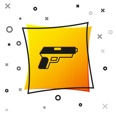 Black Pistol or gun icon isolated on white background. Police or military handgun. Small firearm. Yellow square button. Vector