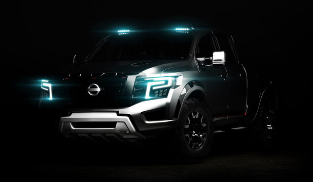 Almaty, Kazakhstan - June 20, 2021: Nissan Titan pickup on black background. Powerfull truck on dark studio light. 3d render