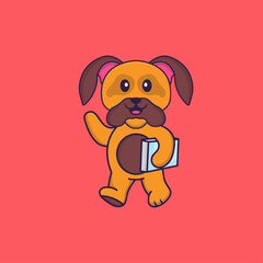 Cute dog holding a book. Animal cartoon concept isolated. Can used for t-shirt, greeting card, invitation card or mascot. Flat Cartoon Style