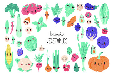Set of cute kawaii baby vegetables, funny cartoon vitamin plant stickers collection. Smiling food characters concept, carrot, sweet potato, tomato, pumpkin, avocado, onion clipart in modern flat style