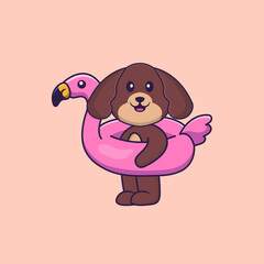 Cute dog With flamingo buoy. Animal cartoon concept isolated. Can used for t-shirt, greeting card, invitation card or mascot. Flat Cartoon Style