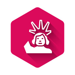White Statue of Liberty icon isolated with long shadow background. New York, USA. Pink hexagon button. Vector