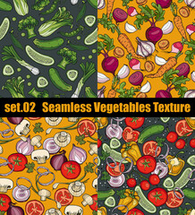 Set of hand drawn vegetables seamless texture. Tomato, cucumber, peppers, onions, carrots, peas, beets and garlic in vector.