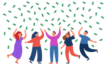 Business team rejoicing money falling from above. Happy male and female people dancing, rising their hands up flat vector illustration. Coins, success, rich concept