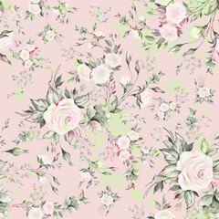 Floral seamless pattern luxury roses drawn on paper with paints