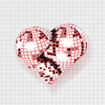 Broken Disco Heart. Purple mirror disco ball in the shape of heart.