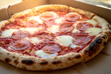 pizza with salami and cheese in a box blurred image fragment