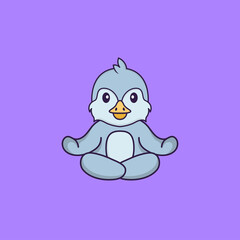 Cute bird is meditating or doing yoga. Animal cartoon concept isolated. Can used for t-shirt, greeting card, invitation card or mascot. Flat Cartoon Style