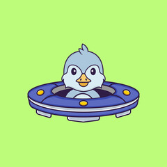 Cute bird Driving Spaceship Ufo. Animal cartoon concept isolated. Can used for t-shirt, greeting card, invitation card or mascot. Flat Cartoon Style