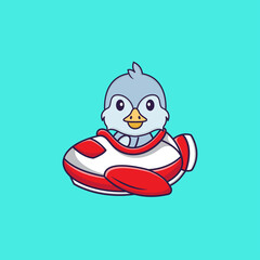 Cute bird flying on a plane. Animal cartoon concept isolated. Can used for t-shirt, greeting card, invitation card or mascot. Flat Cartoon Style
