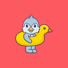 Cute bird With Duck buoy. Animal cartoon concept isolated. Can used for t-shirt, greeting card, invitation card or mascot. Flat Cartoon Style