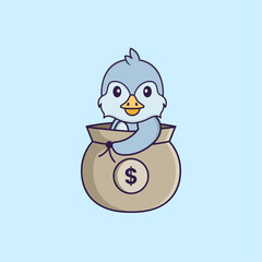Cute bird in a money bag. Animal cartoon concept isolated. Can used for t-shirt, greeting card, invitation card or mascot. Flat Cartoon Style