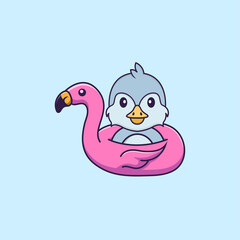 Cute bird With flamingo buoy. Animal cartoon concept isolated. Can used for t-shirt, greeting card, invitation card or mascot. Flat Cartoon Style
