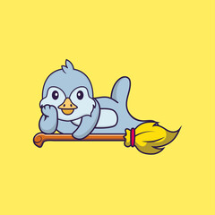 Cute bird lying on Magic Broom. Animal cartoon concept isolated. Can used for t-shirt, greeting card, invitation card or mascot. Flat Cartoon Style