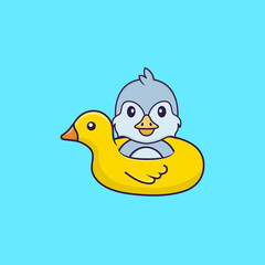 Cute bird With Duck buoy. Animal cartoon concept isolated. Can used for t-shirt, greeting card, invitation card or mascot. Flat Cartoon Style