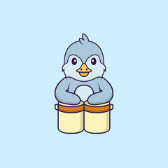 Cute bird is playing drums. Animal cartoon concept isolated. Can used for t-shirt, greeting card, invitation card or mascot. Flat Cartoon Style