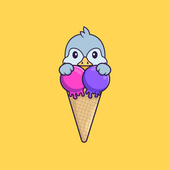 Cute bird with sweet ice cream. Animal cartoon concept isolated. Can used for t-shirt, greeting card, invitation card or mascot. Flat Cartoon Style
