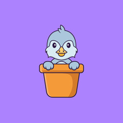 Cute bird in a flower vase. Animal cartoon concept isolated. Can used for t-shirt, greeting card, invitation card or mascot. Flat Cartoon Style