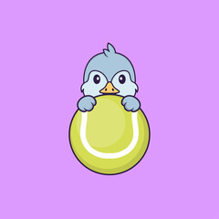 Cute bird playing tennis. Animal cartoon concept isolated. Can used for t-shirt, greeting card, invitation card or mascot. Flat Cartoon Style