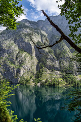 Obersee Lake behind the Watzmann massif, Salet at Koenigssee, Berchtesgaden National Park, Bavaria, Germany, Europe