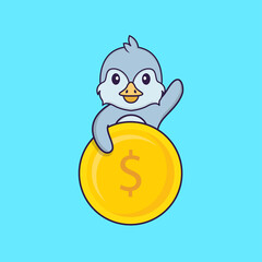 Cute bird holding coin. Animal cartoon concept isolated. Can used for t-shirt, greeting card, invitation card or mascot. Flat Cartoon Style