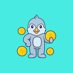 Cute bird holding coin. Animal cartoon concept isolated. Can used for t-shirt, greeting card, invitation card or mascot. Flat Cartoon Style