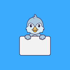 Cute bird holding whiteboard. Animal cartoon concept isolated. Can used for t-shirt, greeting card, invitation card or mascot. Flat Cartoon Style