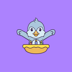 Cute bird with birthday cake. Animal cartoon concept isolated. Can used for t-shirt, greeting card, invitation card or mascot. Flat Cartoon Style