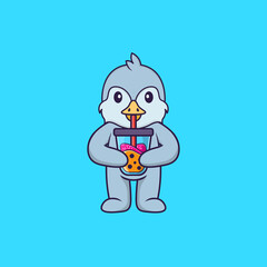 Cute bird Drinking Boba milk tea. Animal cartoon concept isolated. Can used for t-shirt, greeting card, invitation card or mascot. Flat Cartoon Style