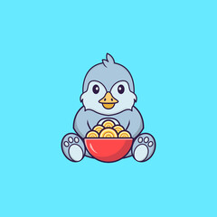 Cute bird eating ramen noodles. Animal cartoon concept isolated. Can used for t-shirt, greeting card, invitation card or mascot. Flat Cartoon Style