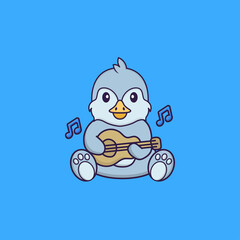 Cute bird playing guitar. Animal cartoon concept isolated. Can used for t-shirt, greeting card, invitation card or mascot. Flat Cartoon Style