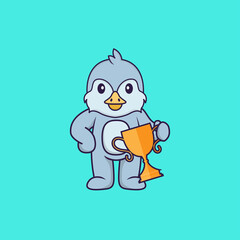 Cute bird holding gold trophy. Animal cartoon concept isolated. Can used for t-shirt, greeting card, invitation card or mascot. Flat Cartoon Style