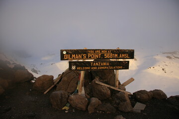 Gilmans Point sign at summit of Mount Kilimanjaro, Tanzania