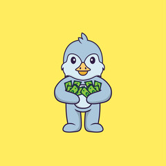 Cute bird holding money. Animal cartoon concept isolated. Can used for t-shirt, greeting card, invitation card or mascot. Flat Cartoon Style