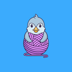 Cute bird playing with wool yarn. Animal cartoon concept isolated. Can used for t-shirt, greeting card, invitation card or mascot. Flat Cartoon Style