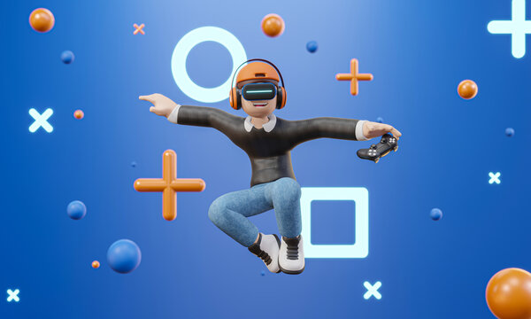 3D cartoon character man wearing virtual reality glasses and floating in the air playing a video game isolate blue background, video game - 3D render